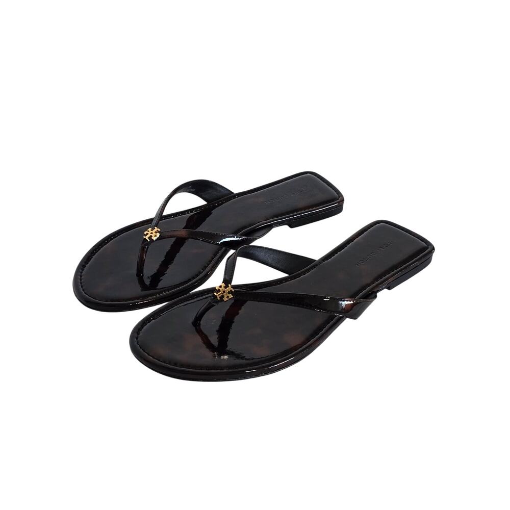 Tory Burch Classic Flip Flop Tortoise Patent Leather Sandals Size 7